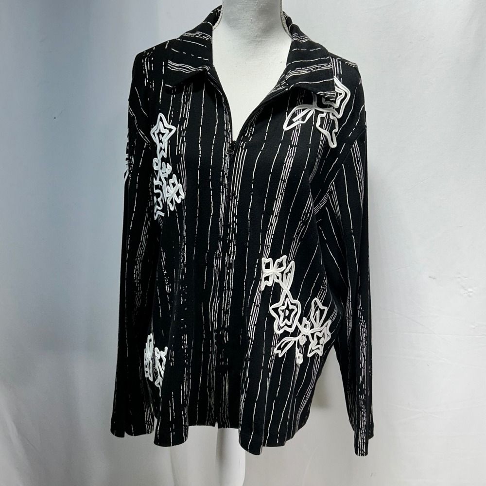 Laura‎ Ashley Womens Black White Stripe Floral Zip Up Jacket Top 2XL